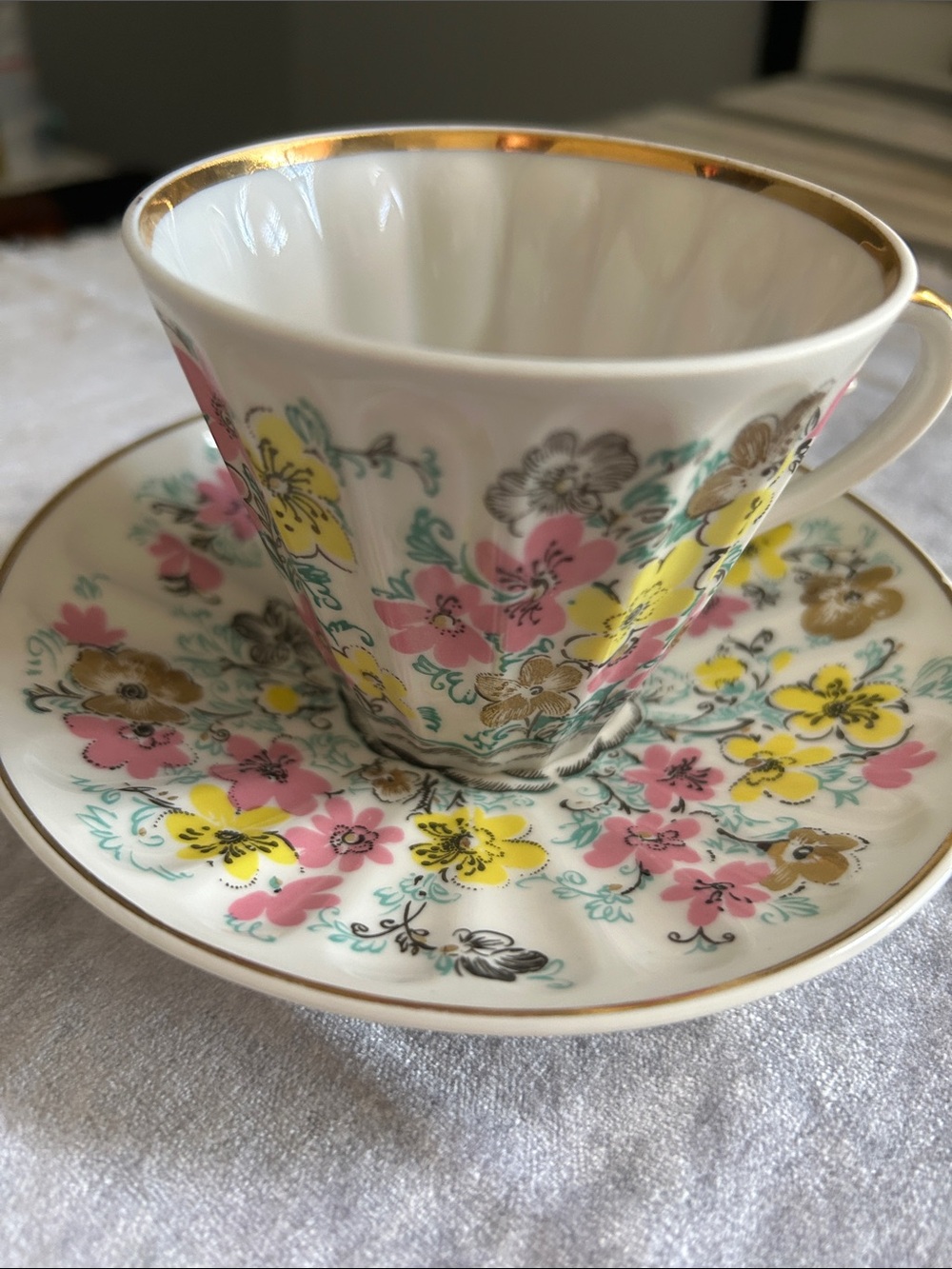 Floral Porcelain Teacup and Saucer - Pink & Yellow